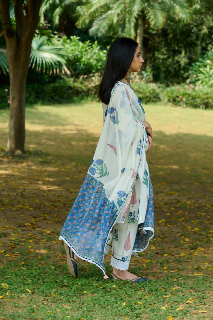 Boota Ivory Blue Mughal Print Kurta With Palazzo And Dupatta ( Setof 3)