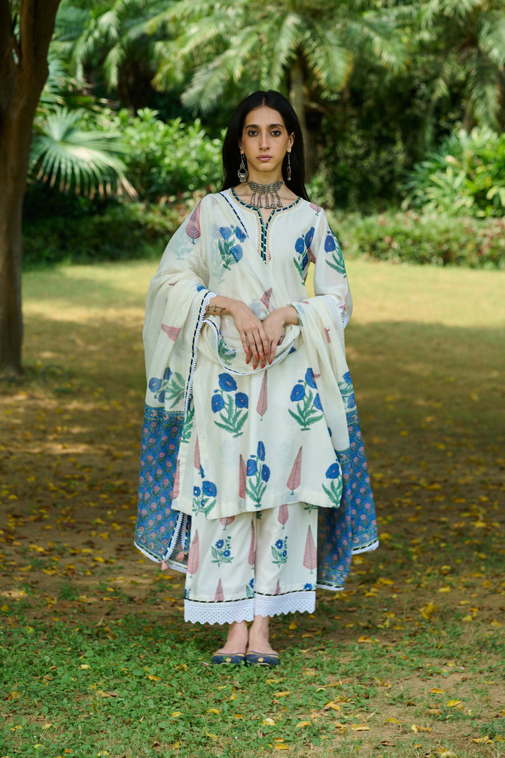 Boota Ivory Blue Mughal Print Kurta With Palazzo And Dupatta ( Setof 3)