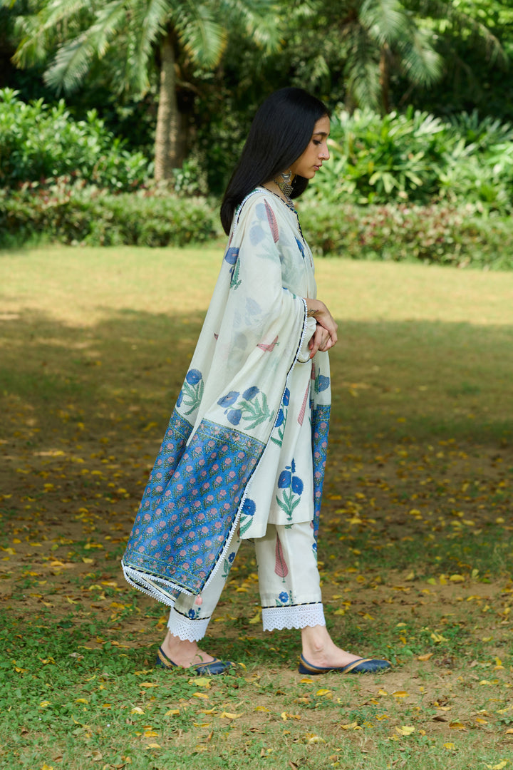 Boota Ivory Blue Mughal Print Kurta With Palazzo And Dupatta ( Setof 3)