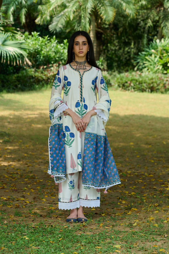 Boota Ivory Blue Mughal Print Kurta With Palazzo And Dupatta ( Setof 3)