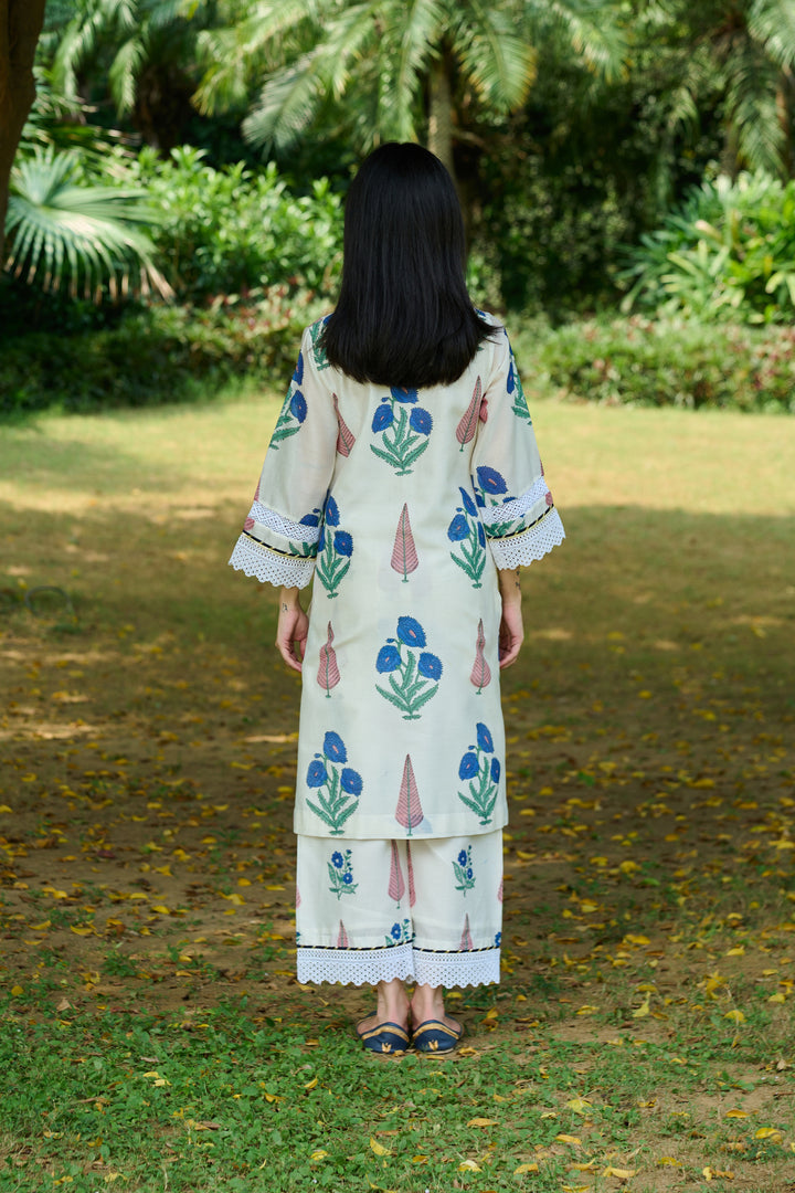 Boota Ivory Blue Mughal Print Kurta With Palazzo And Dupatta ( Setof 3)