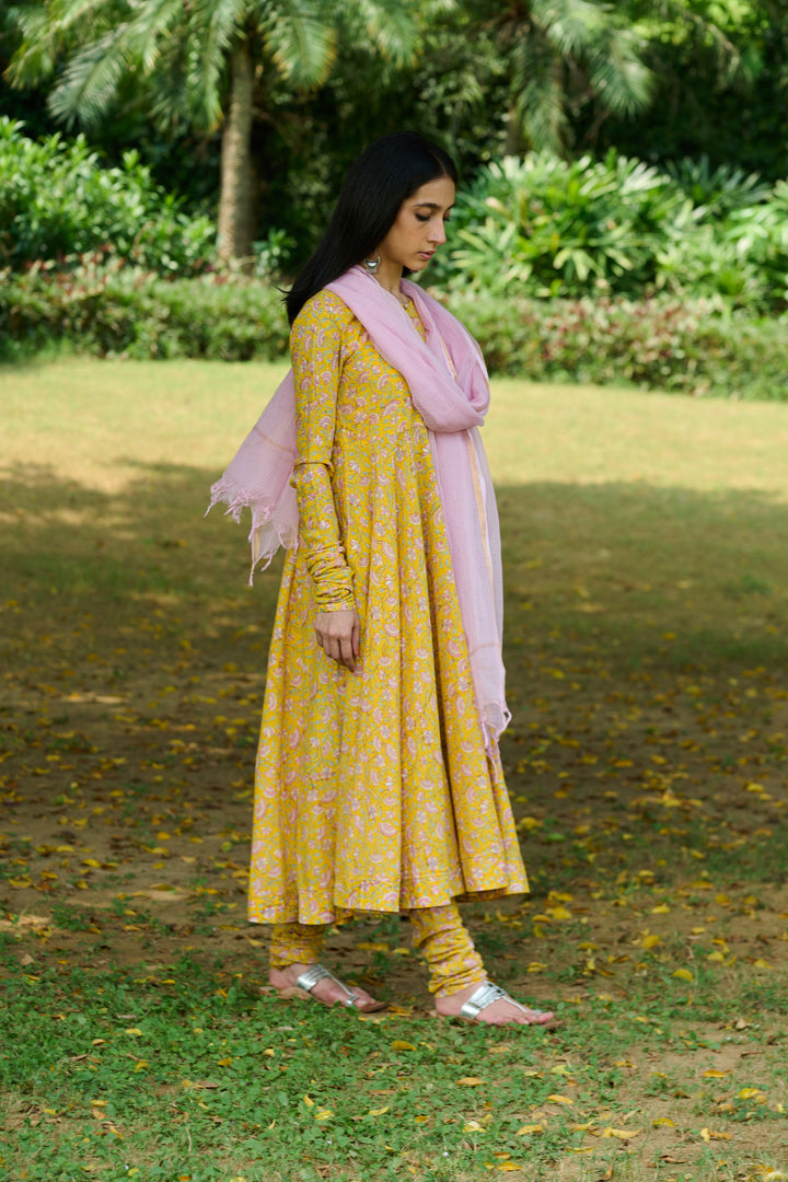 Boota Yellow Floral Anarkali With Chooridar And Dupatta