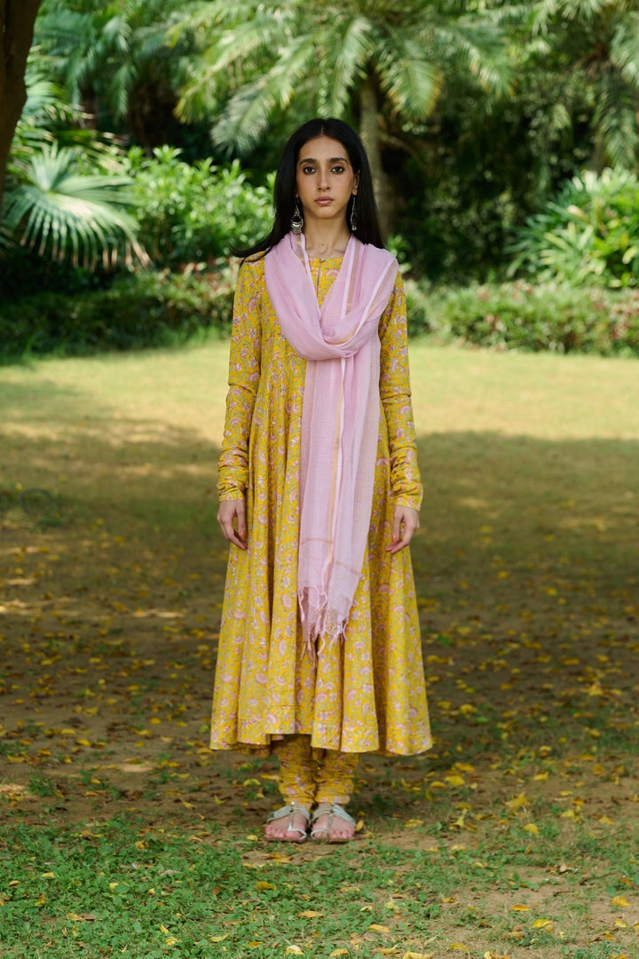 Boota Yellow Floral Anarkali With Chooridar And Dupatta
