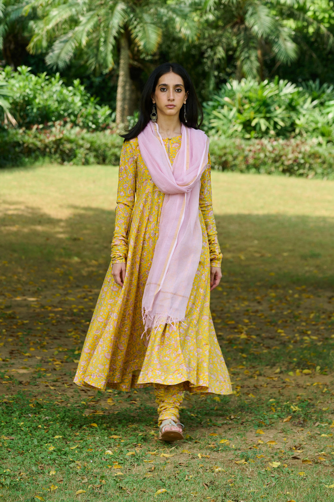 Boota Yellow Floral Anarkali With Chooridar And Dupatta