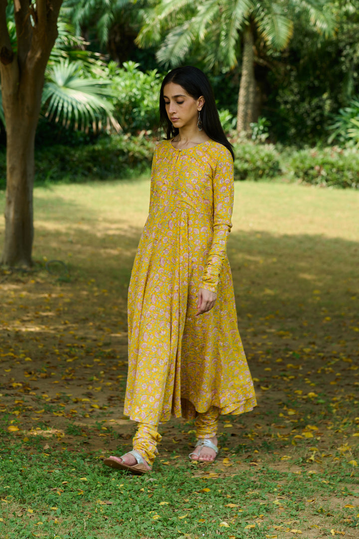 Boota Yellow Floral Anarkali With Chooridar And Dupatta