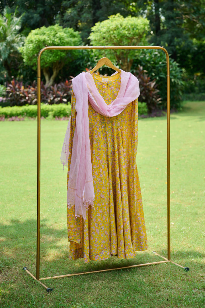 Boota Yellow Floral Anarkali With Chooridar And Dupatta