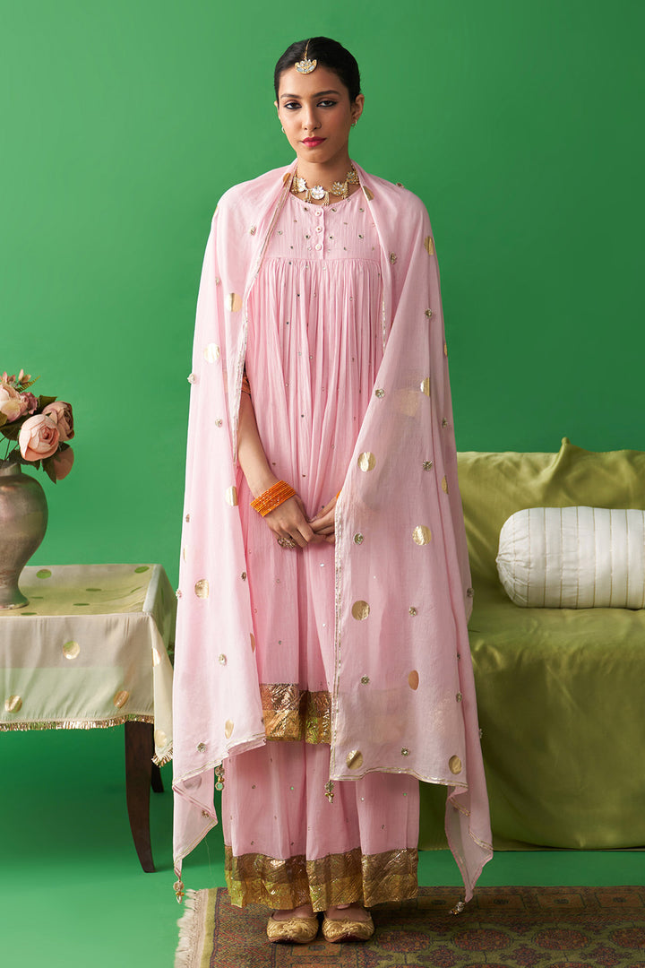 Jhoom soft pink kurta with flared palazzo and foil print chand dupatta (set of 3)