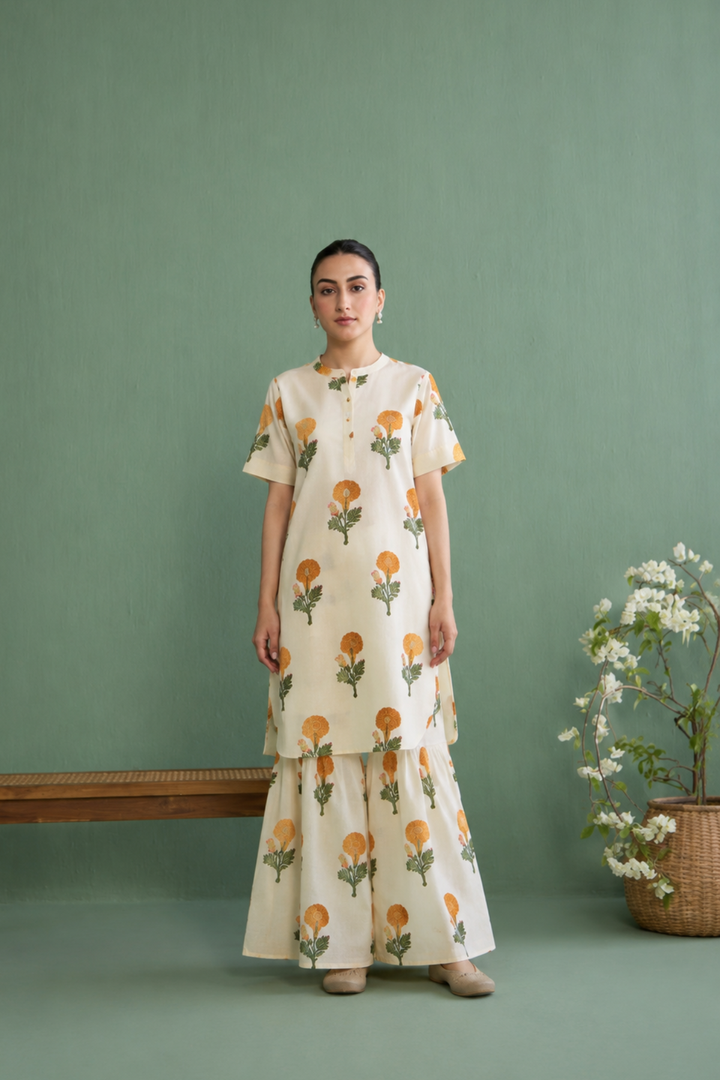 Mughal Summer Mustard Short Kurta With Flared Palazzo Set Of 2