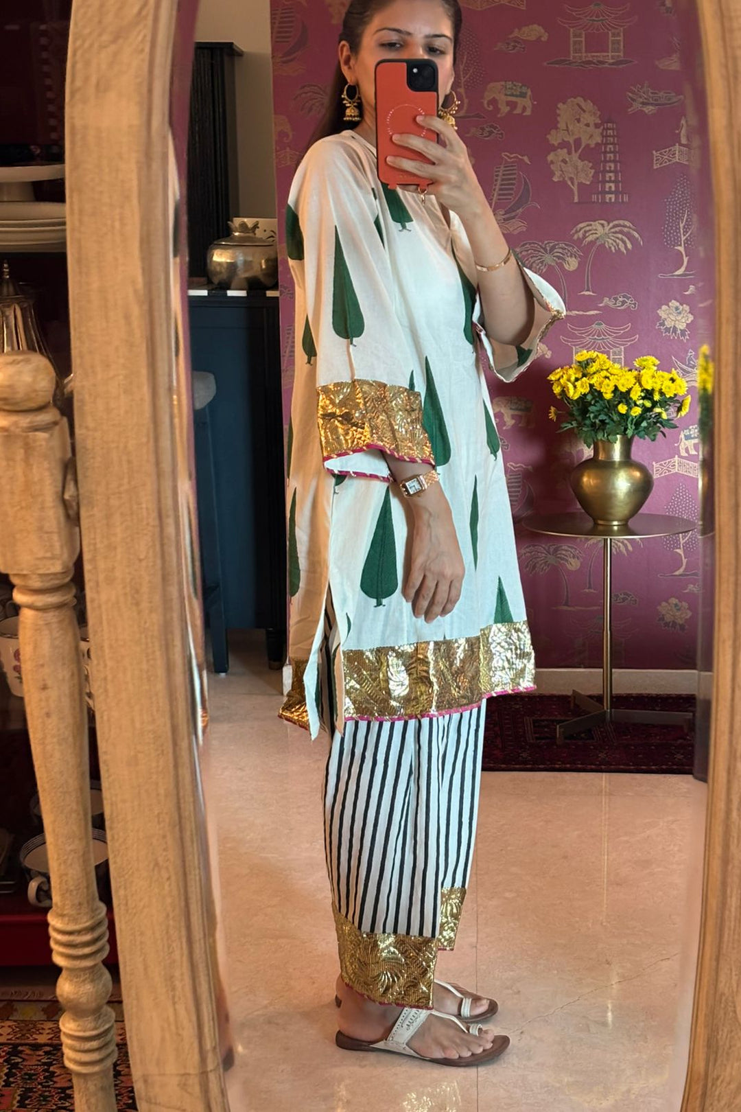 Boota Ivory Chinar choga set with printed dupatta (Set of 3)