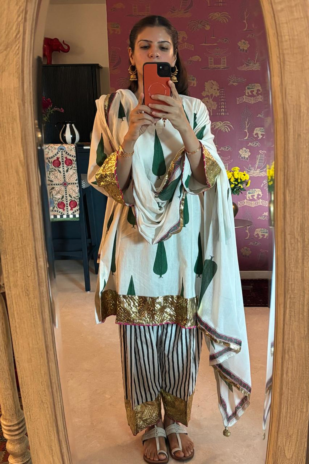 Boota Ivory Chinar choga set with printed dupatta (Set of 3)