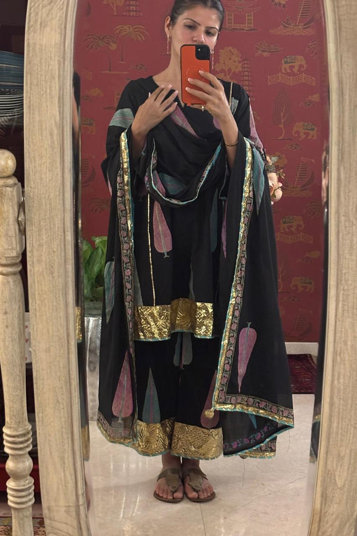 Boota Black Blockprinted Choga With Palazzo And Dupatta (Set Of 3)