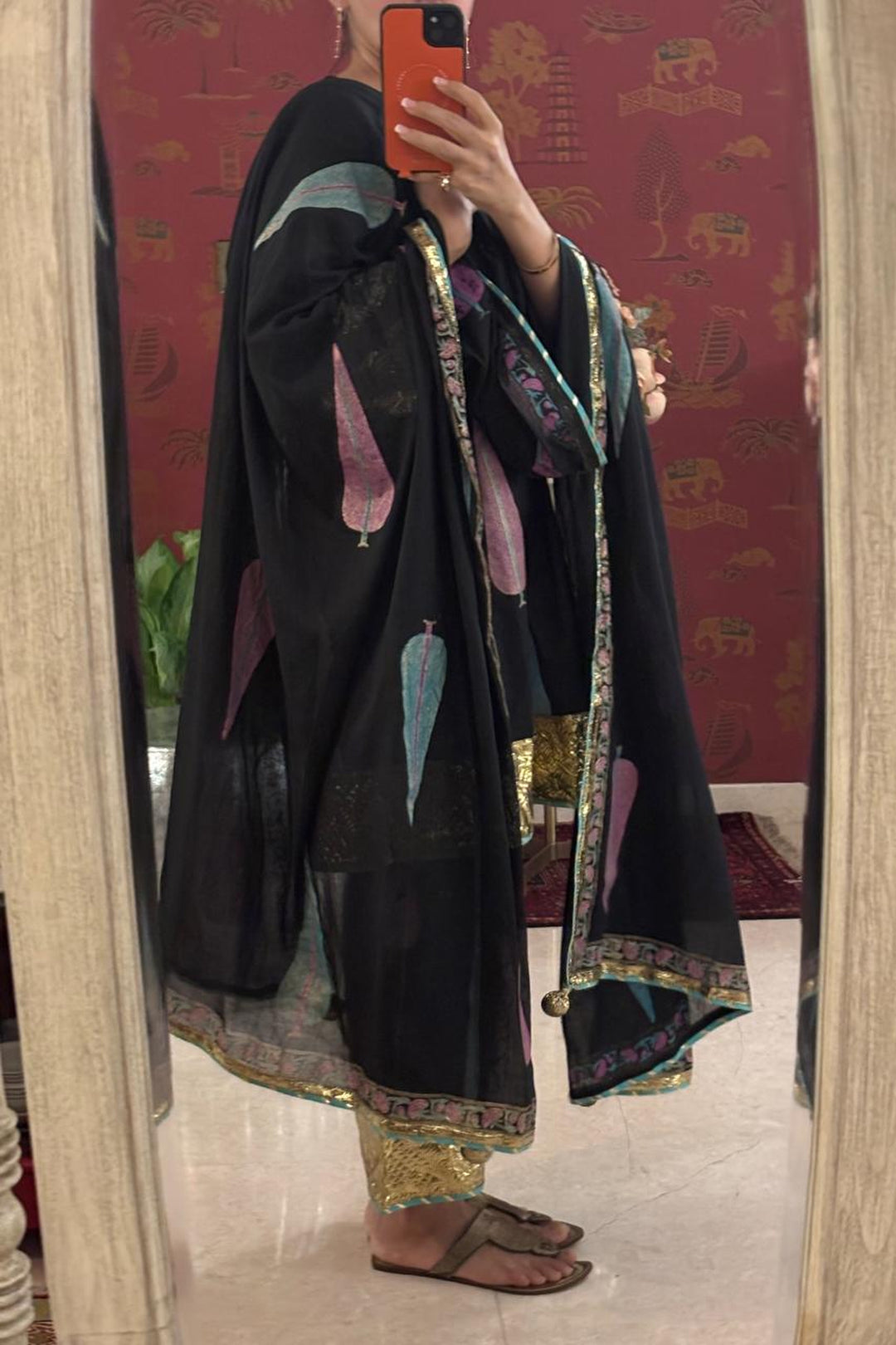 Boota Black Blockprinted Choga With Palazzo And Dupatta (Set Of 3)