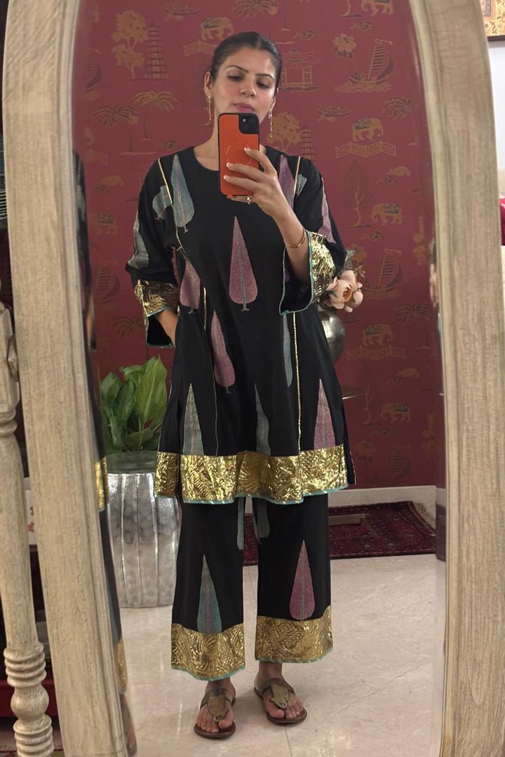Boota Black Blockprinted Choga With Palazzo And Dupatta (Set Of 3)