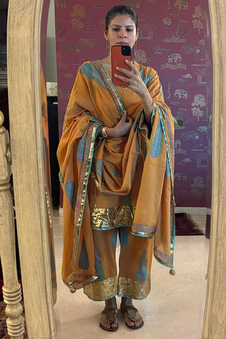 Boota Mustard Blockprinted Choga With Palazzo And Dupatta (Set Of 3)