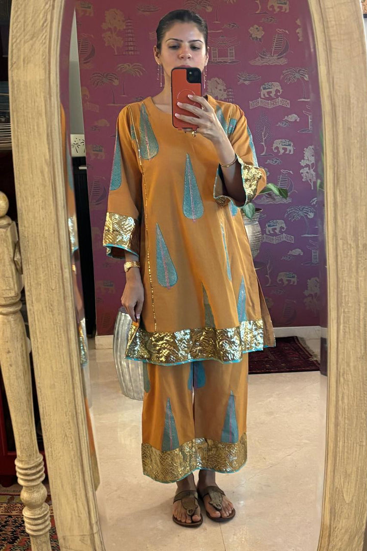 Boota Mustard Blockprinted Choga With Palazzo And Dupatta (Set Of 3)