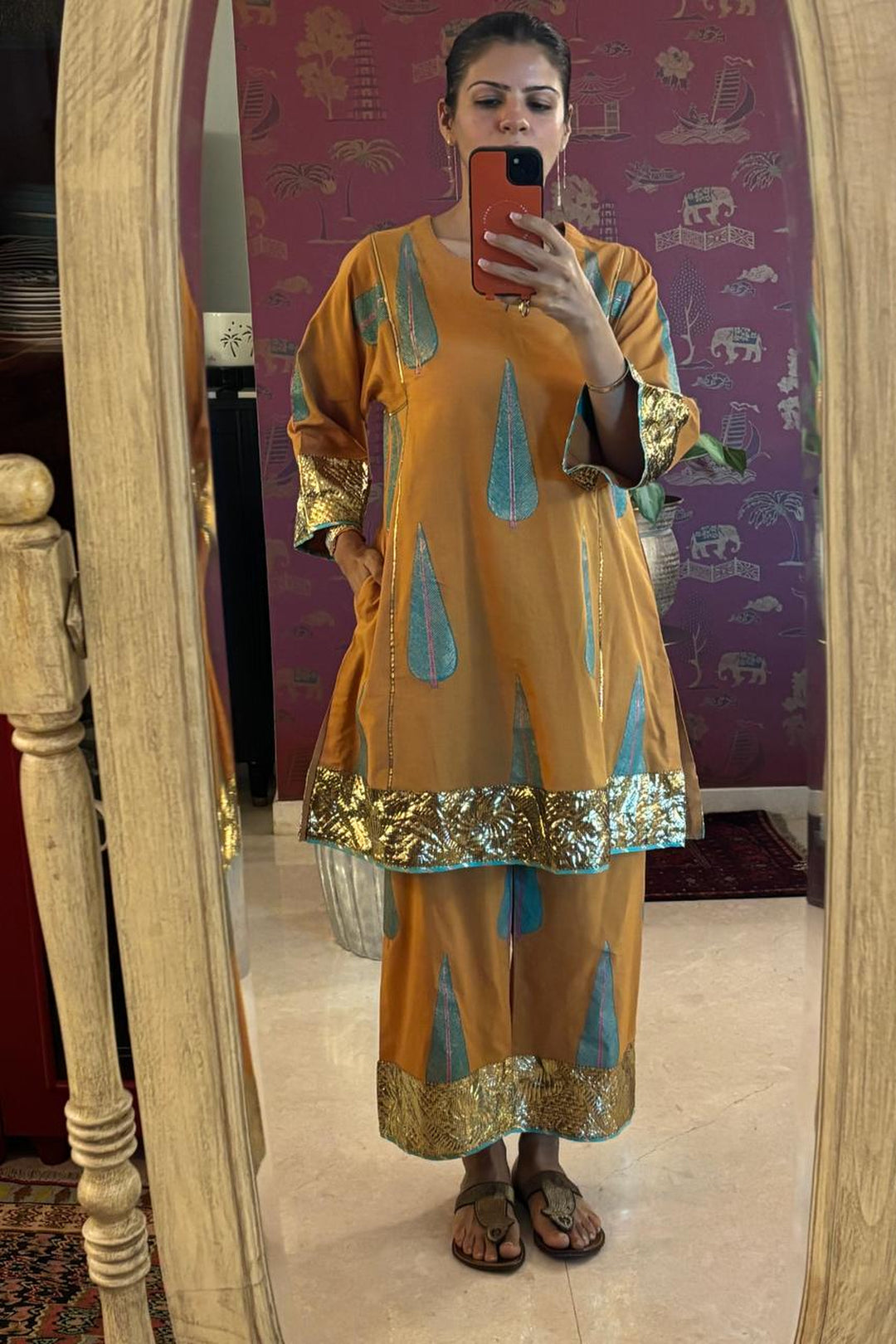 Boota Mustard Blockprinted Choga With Palazzo And Dupatta (Set Of 3)