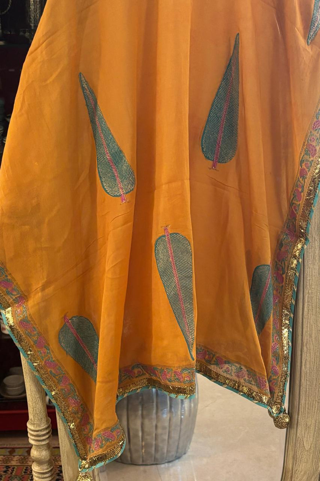 Boota Mustard Blockprinted Choga With Palazzo And Dupatta (Set Of 3)