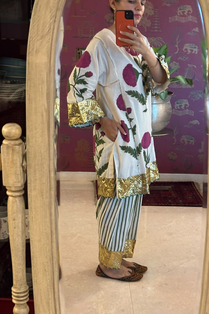Big ivory with rani boota choga (set of 3)