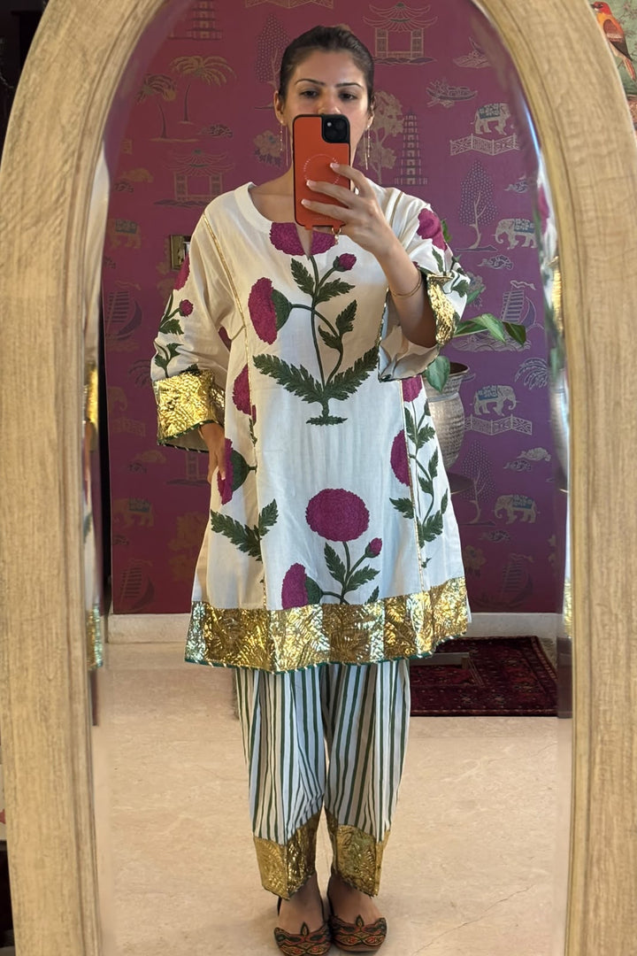 Big ivory with rani boota choga (set of 3)