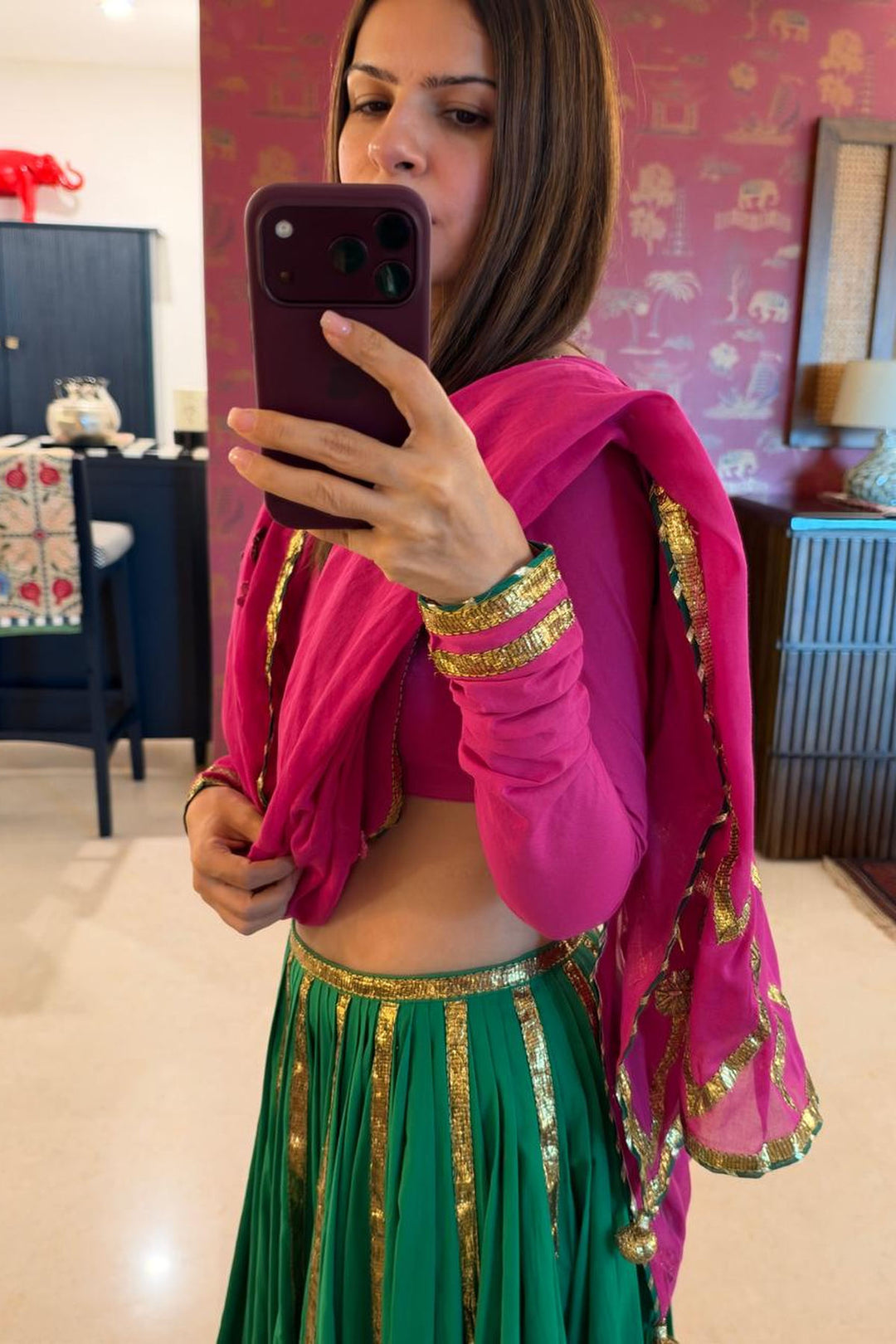 Boota Gulaabo blouse with green ghag and dupatta  (set of 3)