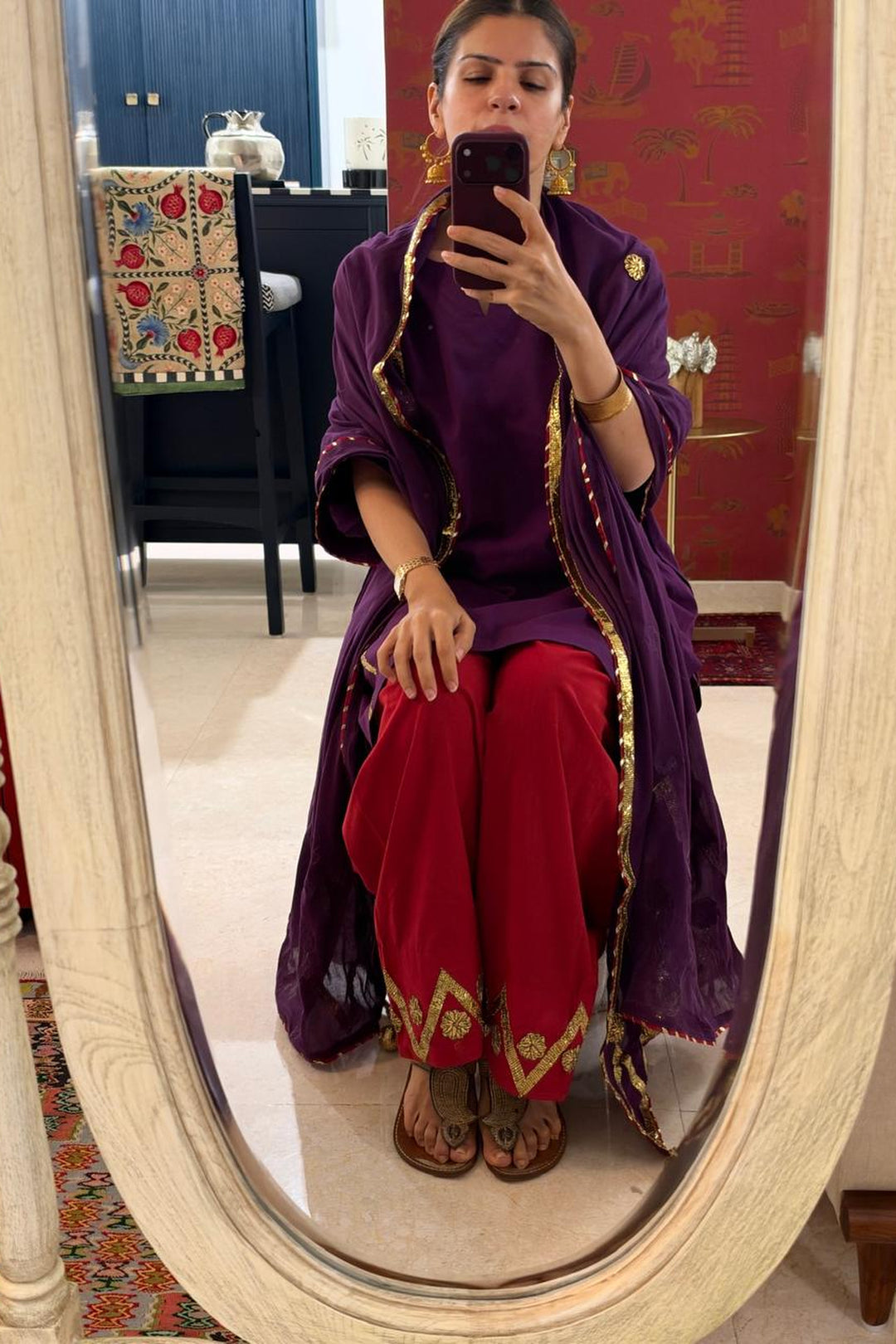 Boota jaamuni choga with sindoori salwar and dupatta (Set of 3)
