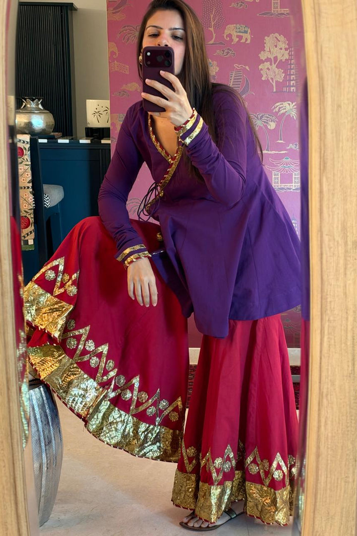 Boota Jaamuni angrakha with sindoori gharara and dupatta (Set of 3)