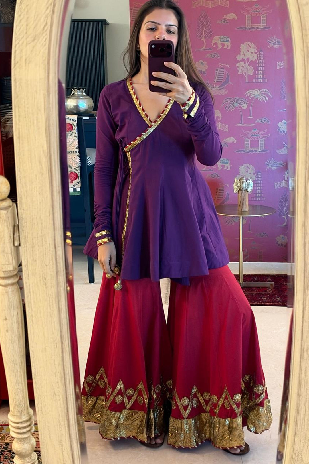 Boota Jaamuni angrakha with sindoori gharara and dupatta (Set of 3)