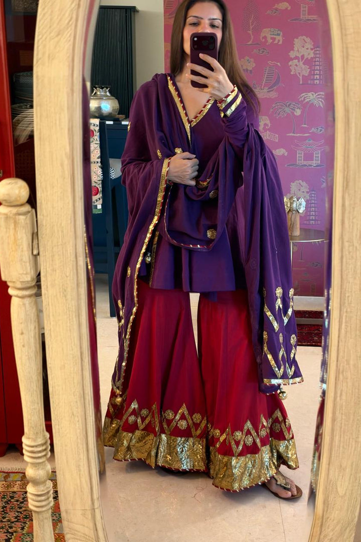 Boota Jaamuni angrakha with sindoori gharara and dupatta (Set of 3)