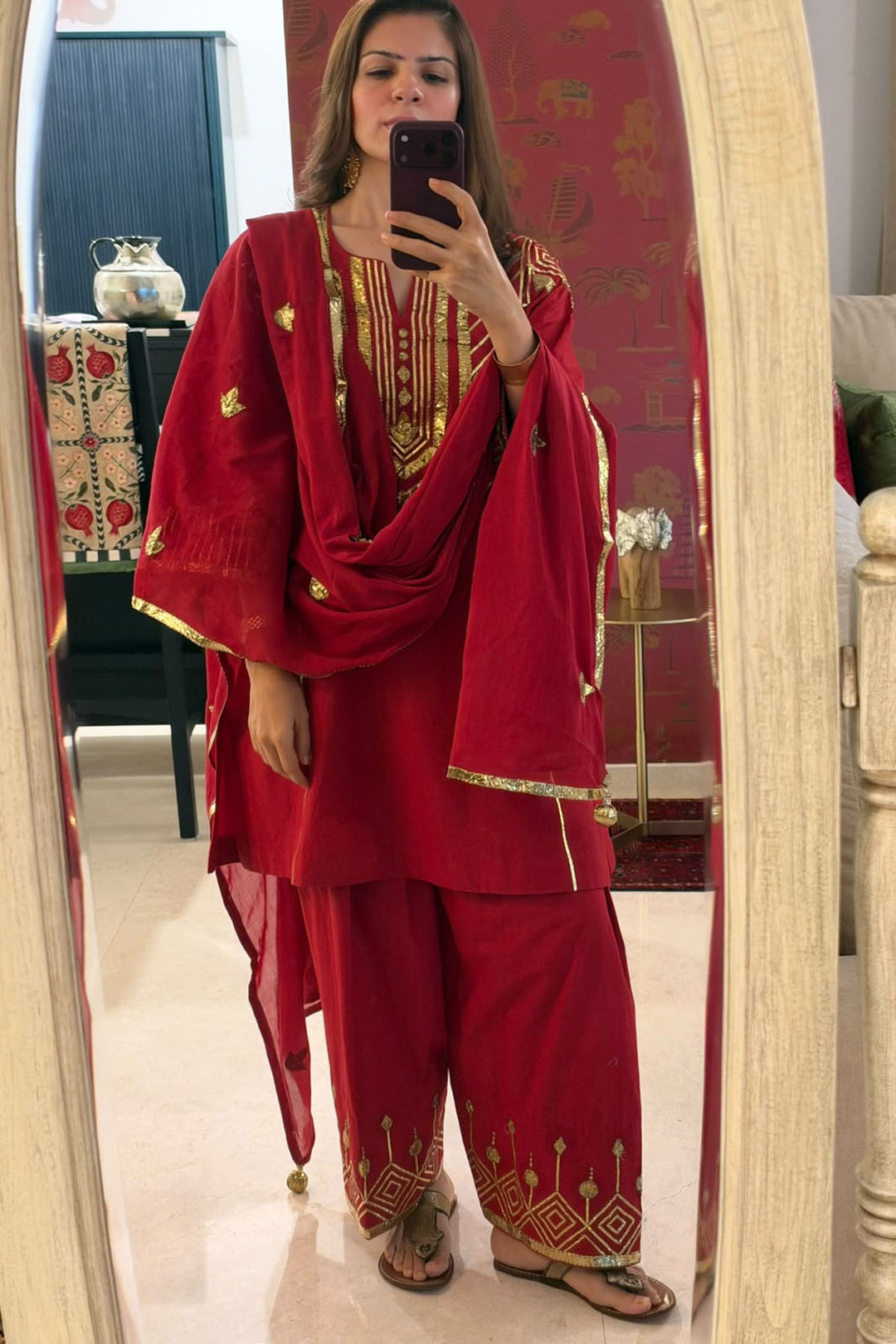 Boota Red Sindoori choga with salwar and dupatta (set of 3)