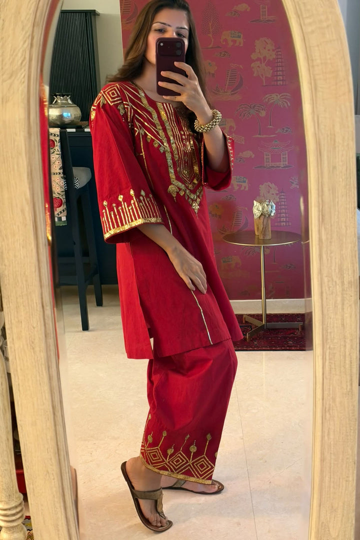 Boota Red Sindoori choga with salwar and dupatta (set of 3)
