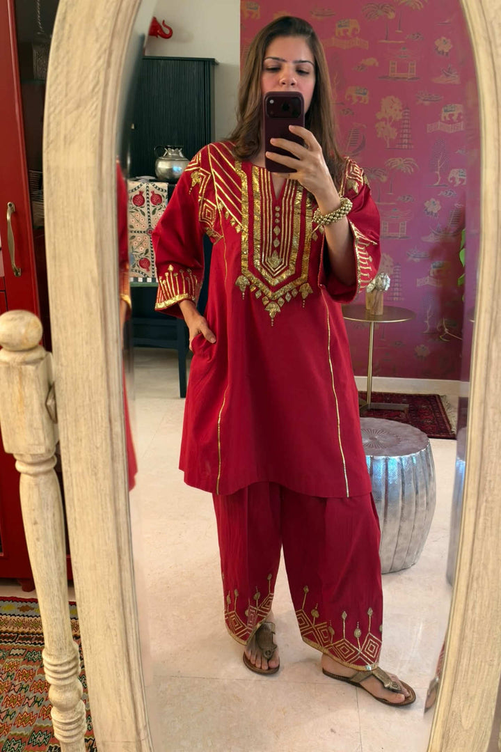Boota Red Sindoori choga with salwar and dupatta (set of 3)