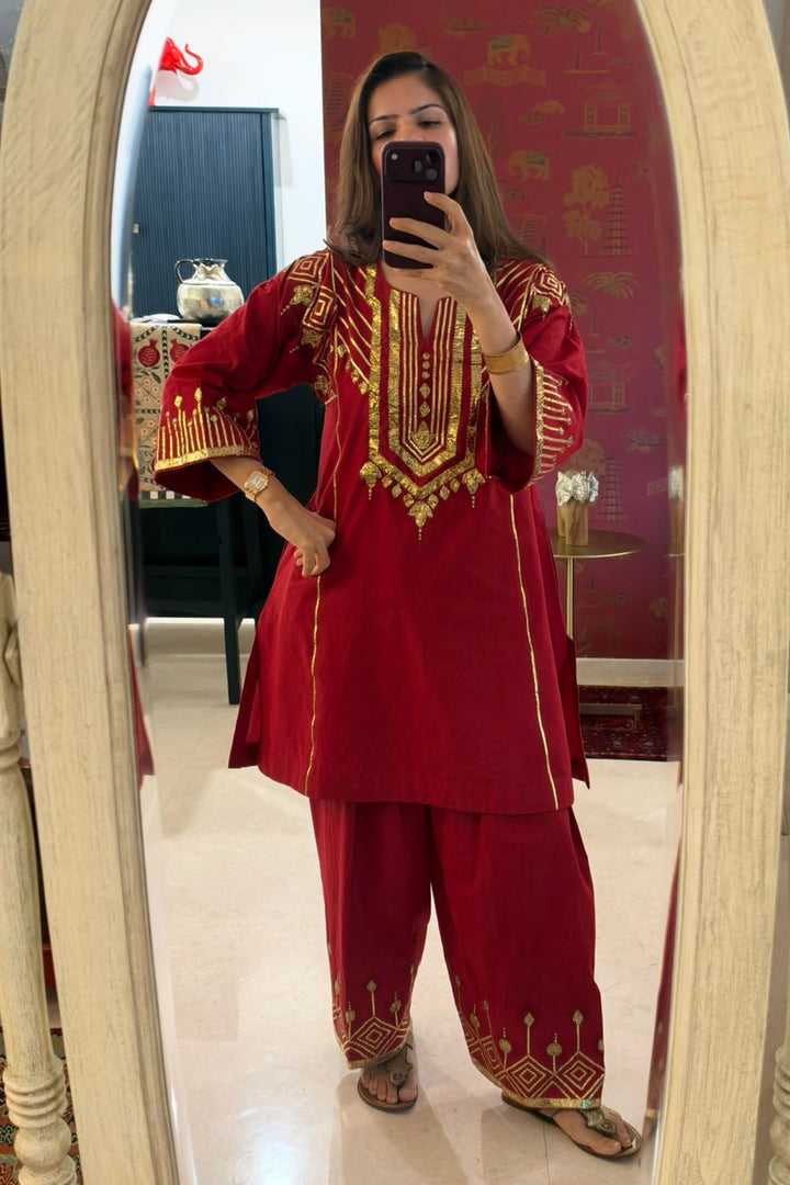 Boota Red Sindoori choga with salwar and dupatta (set of 3)