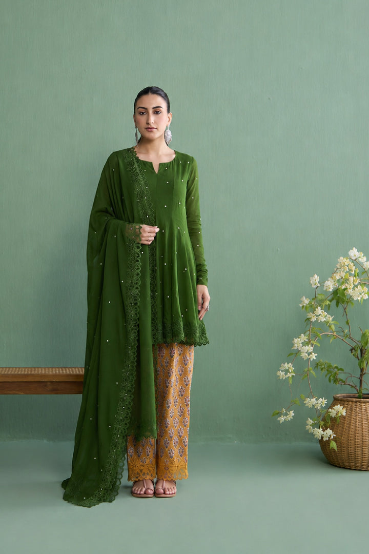 Mughal Summer Olive Green Short Kurta With Hand Block Printed Salwar and Solid Dupatta Set Of 3