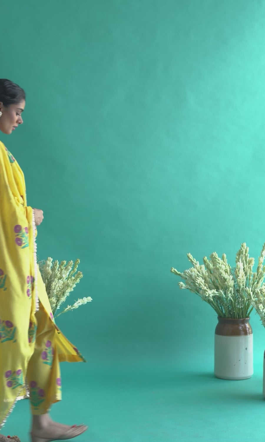 Samaah yellow block printed straight kurta with palazzo and dupatta ( set of  3)