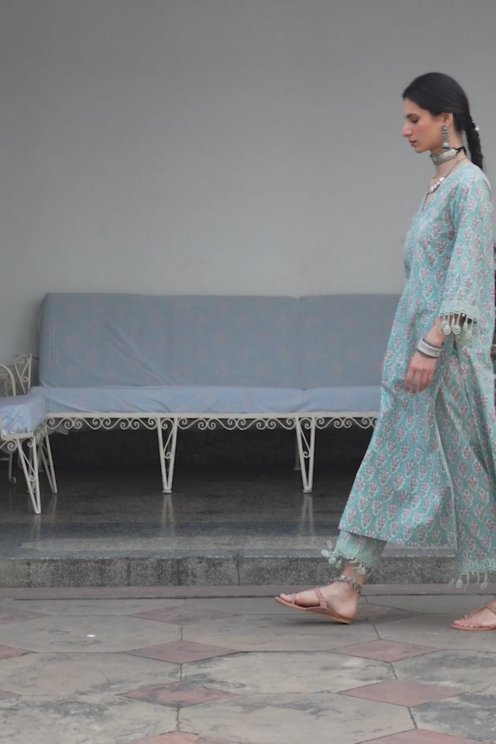 Chandani turquoise block printed straight kurta with palazzo and leheriya dupatta(set of 3)