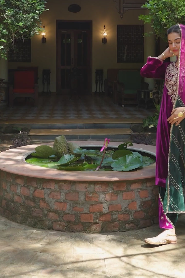 Zooni velvet Deep orchid embroidered kurta with patchwork salwar and dual colour dupatta ( set of 3)