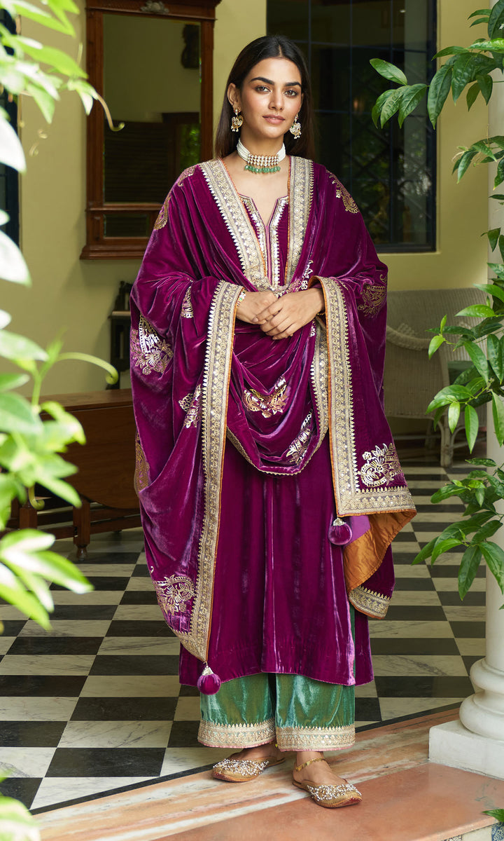 zooni foils fuschia pink kurta with mint green palazzo and shawl set of 3 sample1