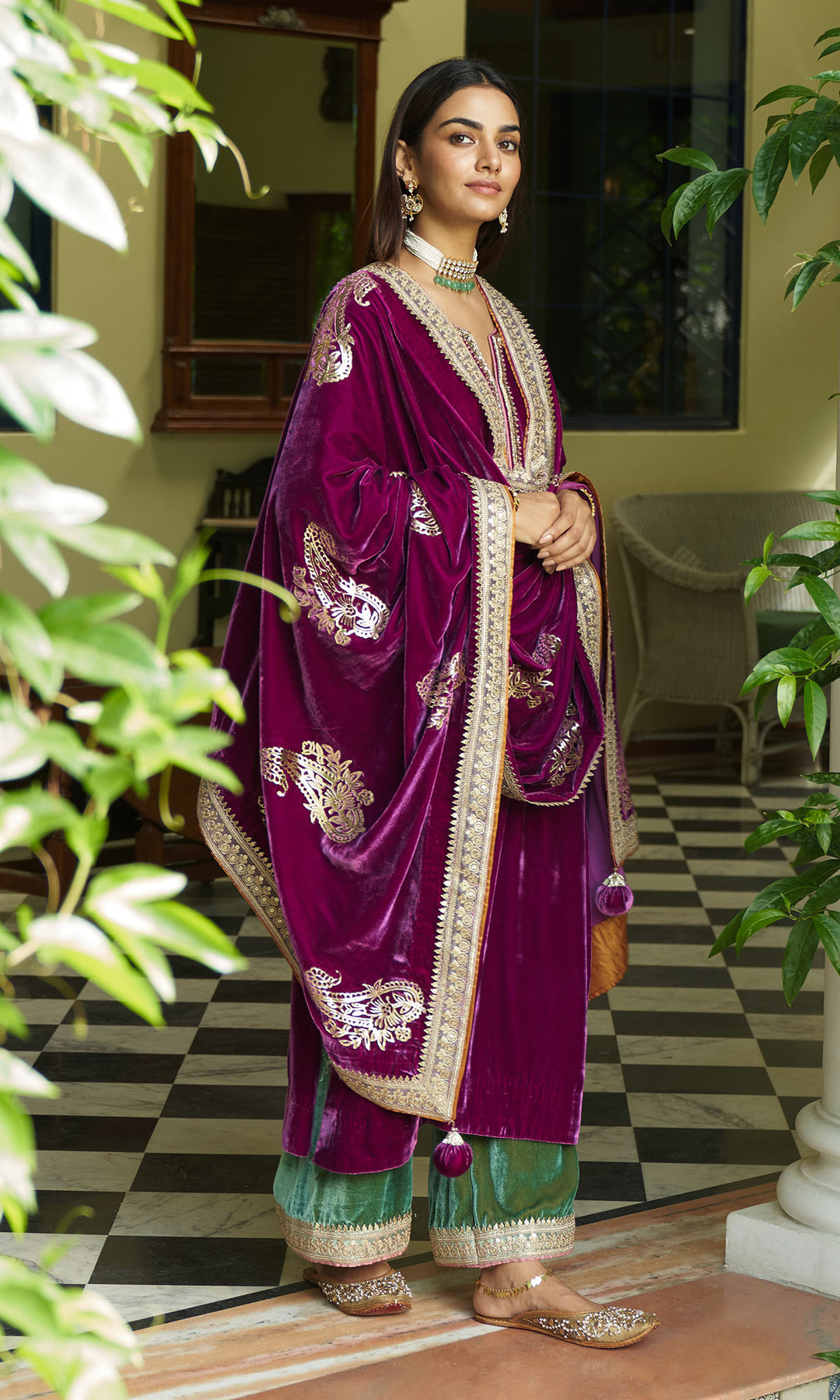 zooni foils fuschia pink kurta with mint green palazzo and shawl set of 3 sample2