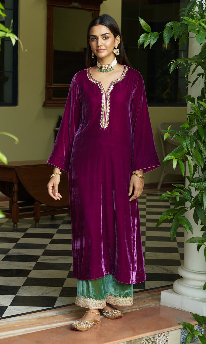 zooni foils fuschia pink kurta with mint green palazzo and shawl set of 3 sample3