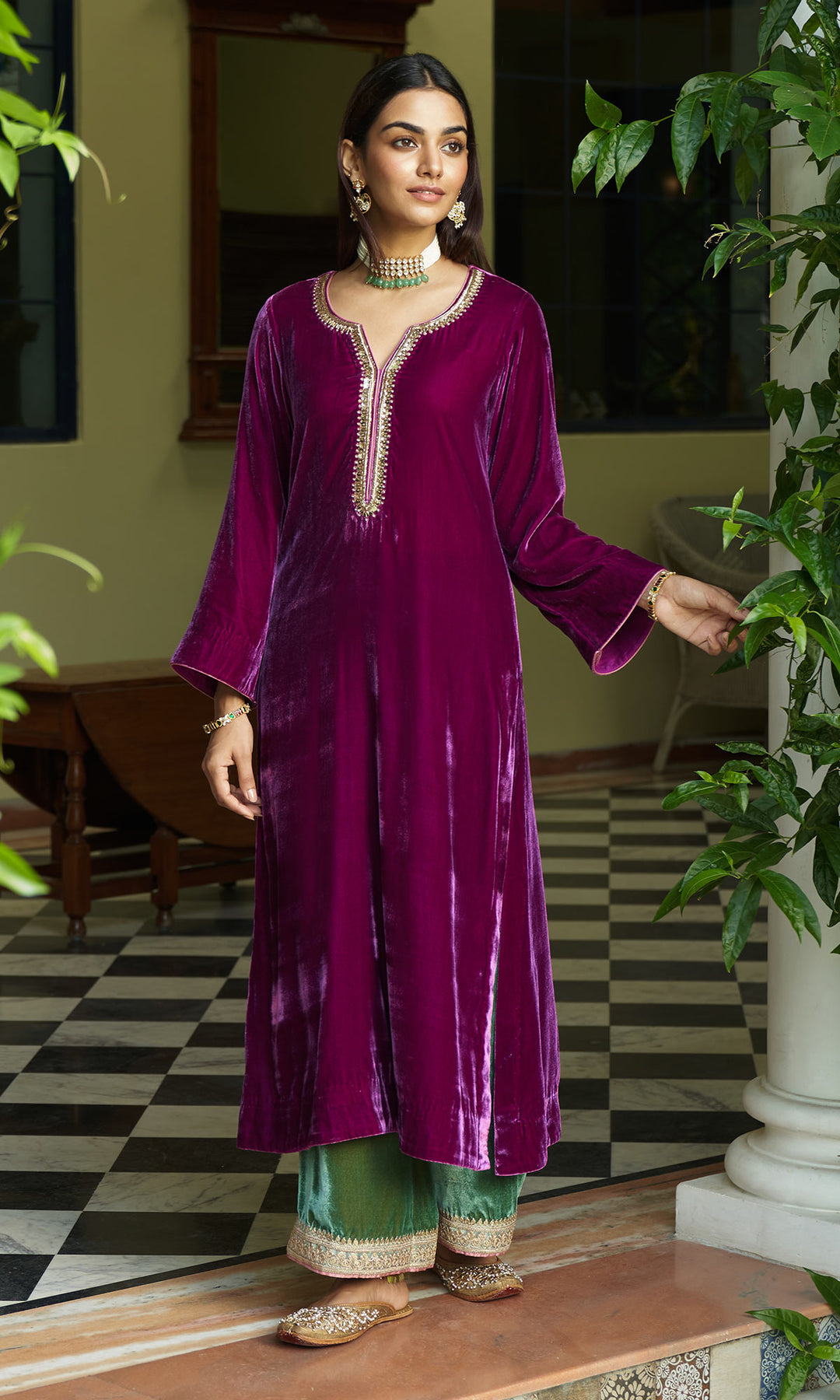 zooni foils fuschia pink kurta with mint green palazzo and shawl set of 3 sample4