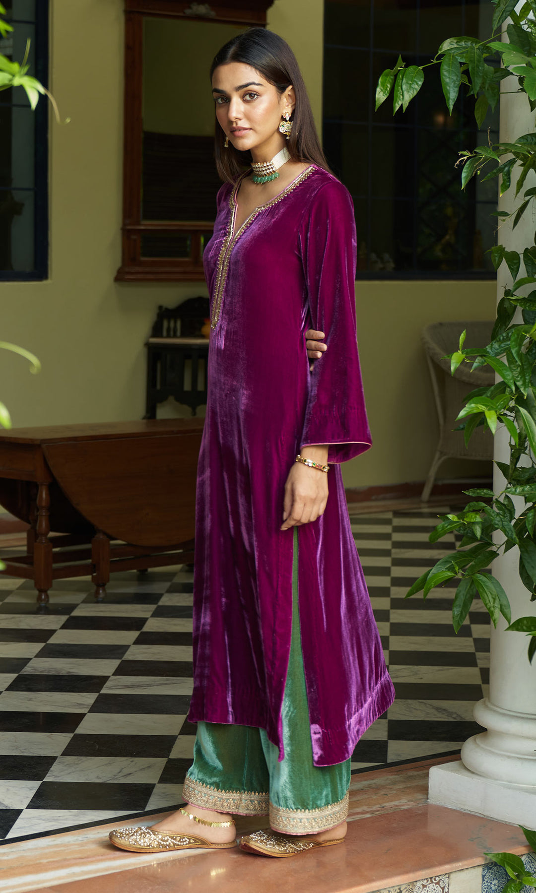 zooni foils fuschia pink kurta with mint green palazzo and shawl set of 3 sample5