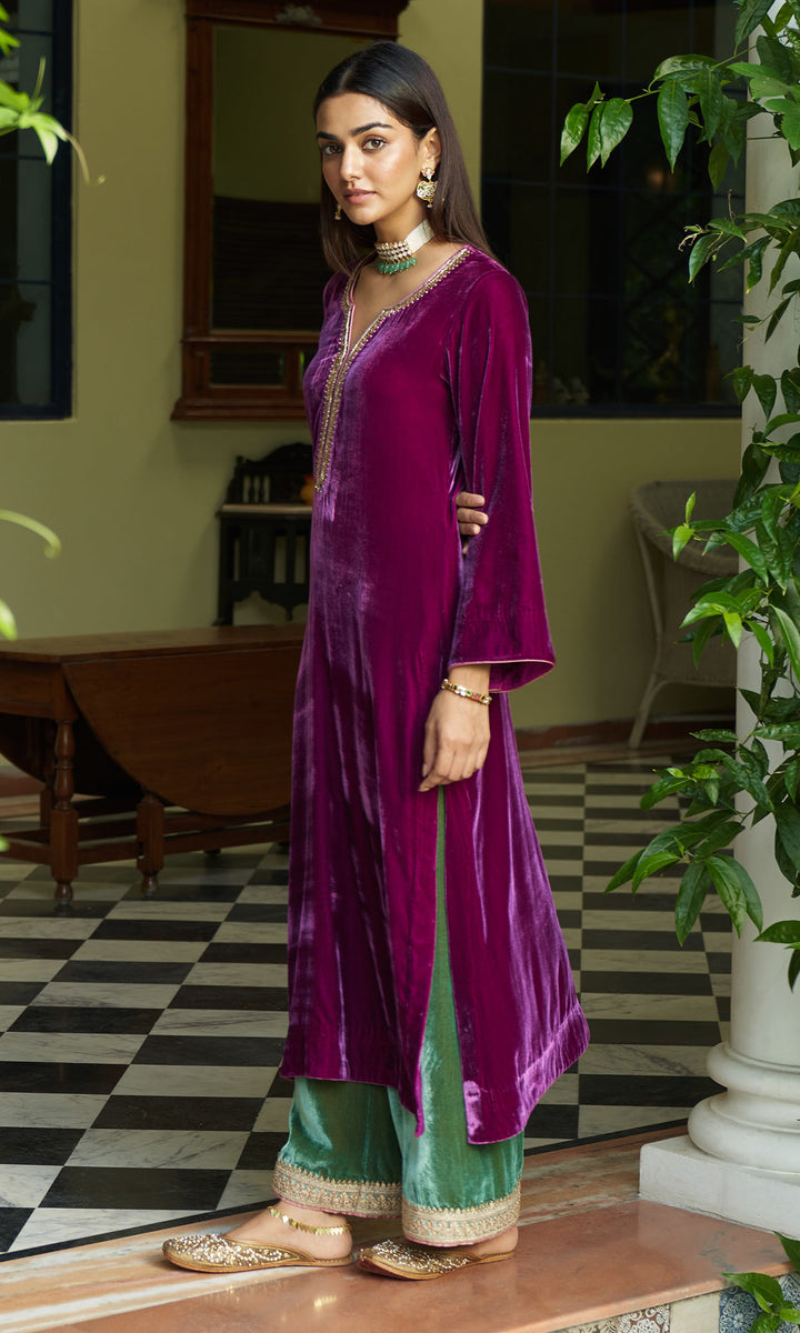 zooni foils fuschia pink kurta with mint green palazzo and shawl set of 3 sample5