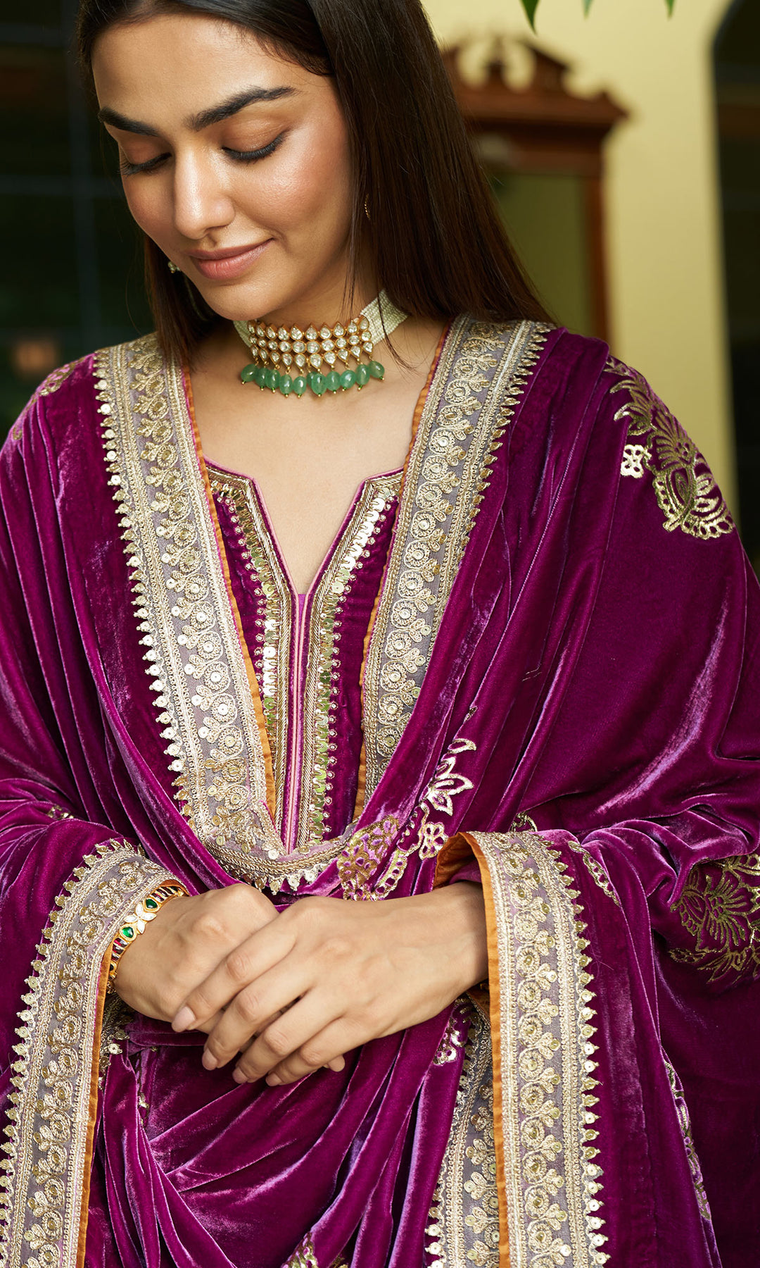 zooni foils fuschia pink kurta with mint green palazzo and shawl set of 3 sample9