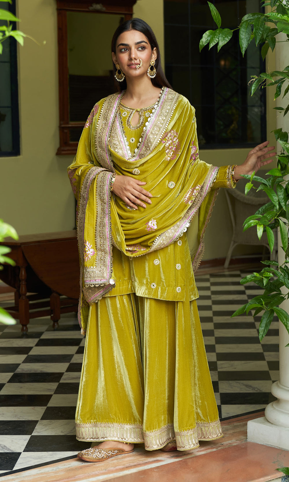 zooni foils lime Green kurta with sharara and shawl set of 3 sample1