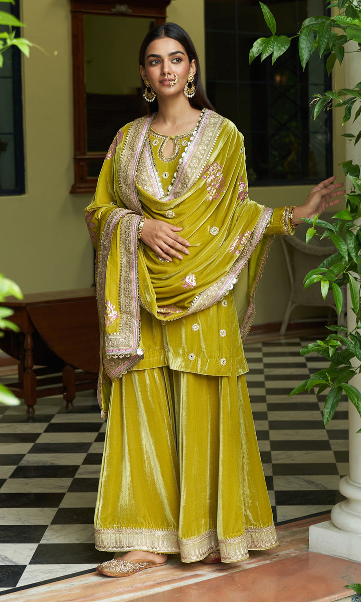 zooni foils lime Green kurta with sharara and shawl set of 3 sample1