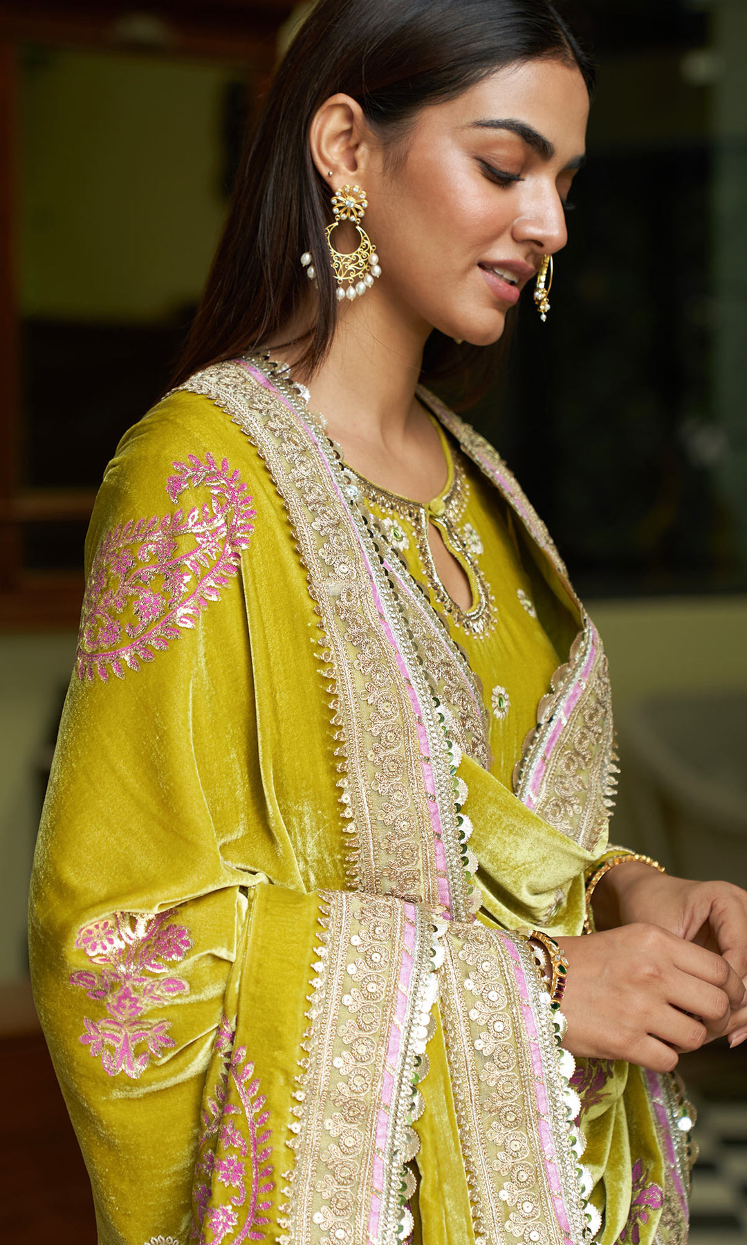 zooni foils lime green kurta with sharara and shawl set of 3 sample5