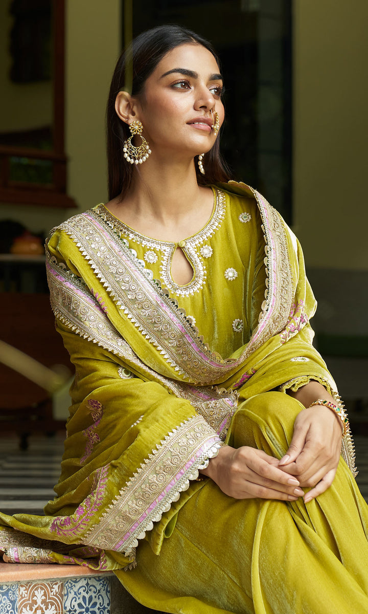 zooni foils lime green kurta with sharara and shawl set of 3 sample6