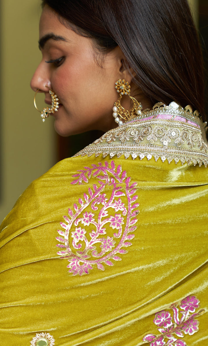 zooni foils lime green kurta with sharara and shawl set of 3 sample7