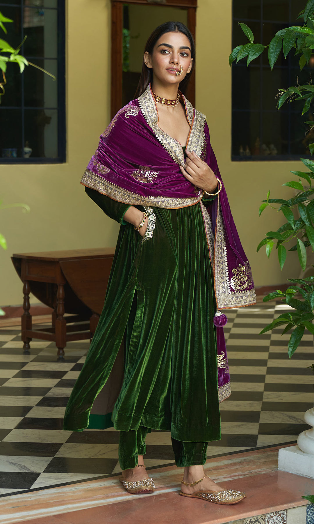zooni foils olive green anarkali with palazzo and fuschia pink shawl sample4