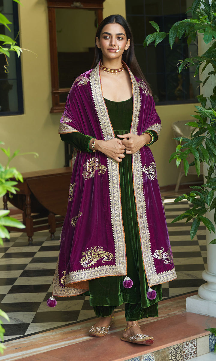 zooni foils olive green anarkali with palazzo and fuschia pink shawl sample1